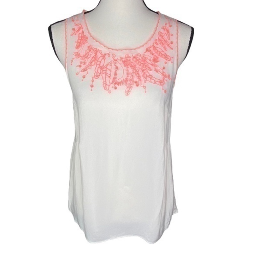 Pixley White Neon Coral Top‎ Embroidered Sleeveless Tank Blouse Top Size Small